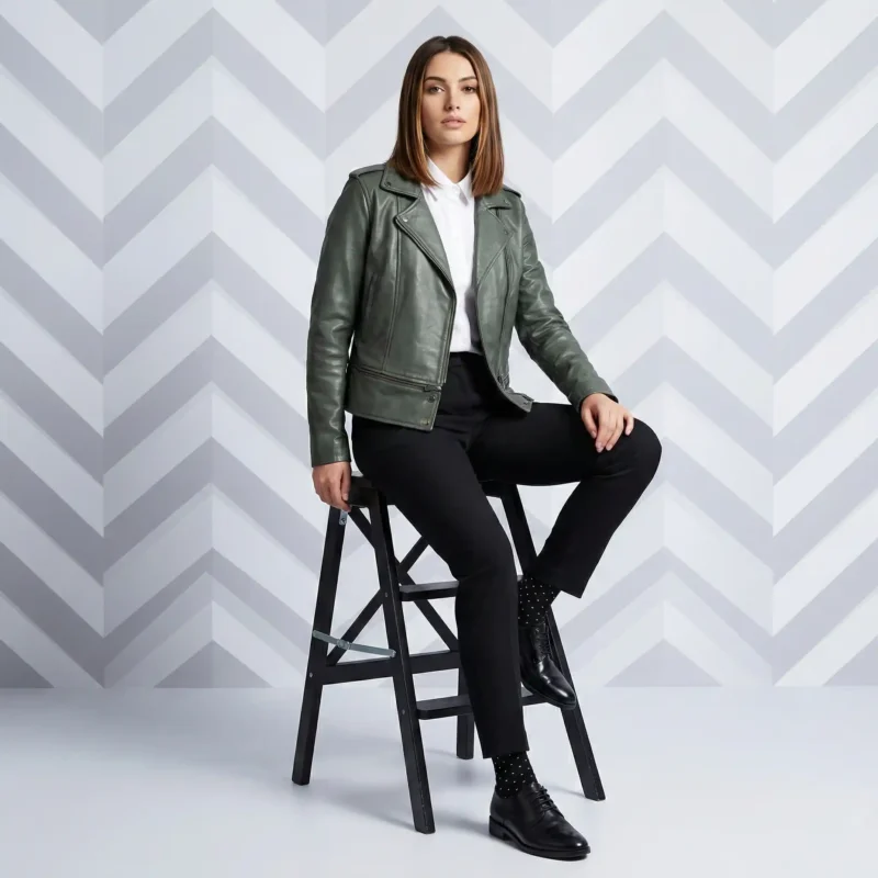 Front view of women's sage green olive leather moto jacket with asymmetric zipper, wide lapels, zipper waist pockets, fitted feminine silhouette - Sienna Elite Zip-Front Leather Jacket