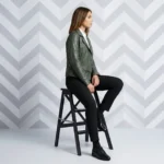 Side profile of sage green olive leather moto jacket showing asymmetric zipper, fitted feminine silhouette, zipper pocket detail - Sienna Elite Zip-Front Leather Jacket