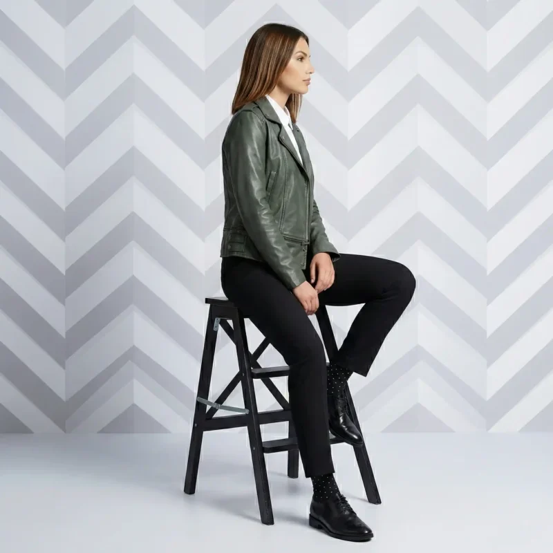 Side profile of sage green olive leather moto jacket showing asymmetric zipper, fitted feminine silhouette, zipper pocket detail - Sienna Elite Zip-Front Leather Jacket