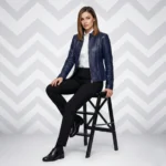 Women's navy blue leather blazer with stand collar, front zipper closure, vertical seam details, and tailored professional fit - front view of Signature Sculpted Navy Leather Jacket