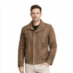 Men's brown distressed suede bomber jacket with stand collar, snap button closure, chest zipper pockets, and vintage weathered finish - front view of Terra Imperium Bomber Jacket