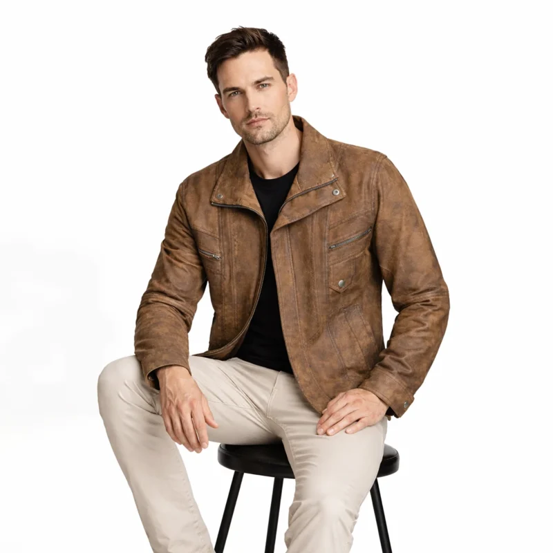 Brown Distressed Suede Jacket Seated Fit | Terra Imperium Bomber Jacket Man wearing brown distressed suede bomber jacket while seated, showing comfortable fit and vintage weathered suede texture - Terra Imperium Bomber Jacket