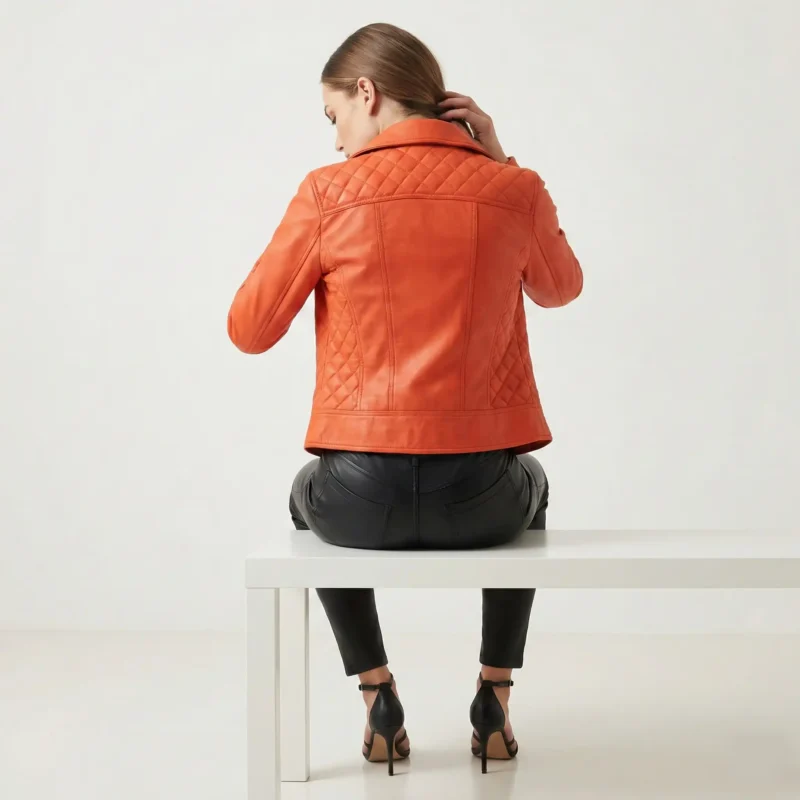 Back view of orange quilted leather moto jacket showing diamond - Urban Dynasty Leather Jacket - stitched panels center seam and cropped hem