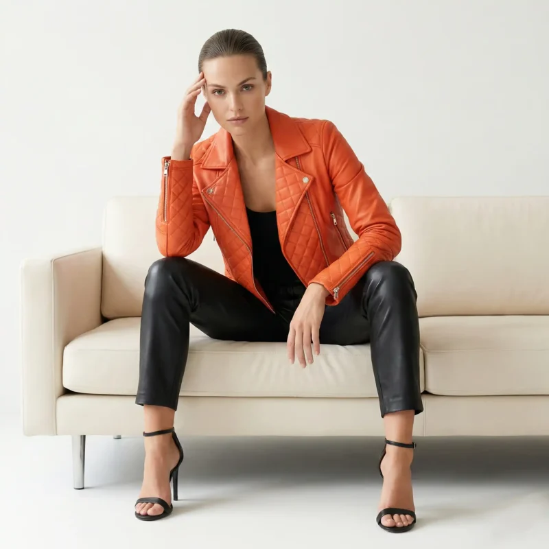 Woman wearing vibrant orange quilted leather moto jacket - Urban Dynasty Leather Jacket - with asymmetric zipper and diamond stitching sitting on beige sofa