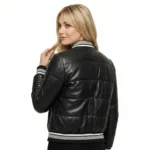 Black leather bomber jacket back view showing paneled construction and ribbed waistband - Valencia Supreme Leather Bomber