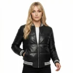 Woman wearing black leather bomber jacket with grey striped ribbed trim front view of Valencia Supreme Leather Bomber