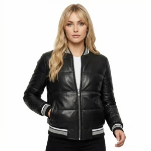 Woman wearing black leather bomber jacket with grey striped ribbed trim front view of Valencia Supreme Leather Bomber