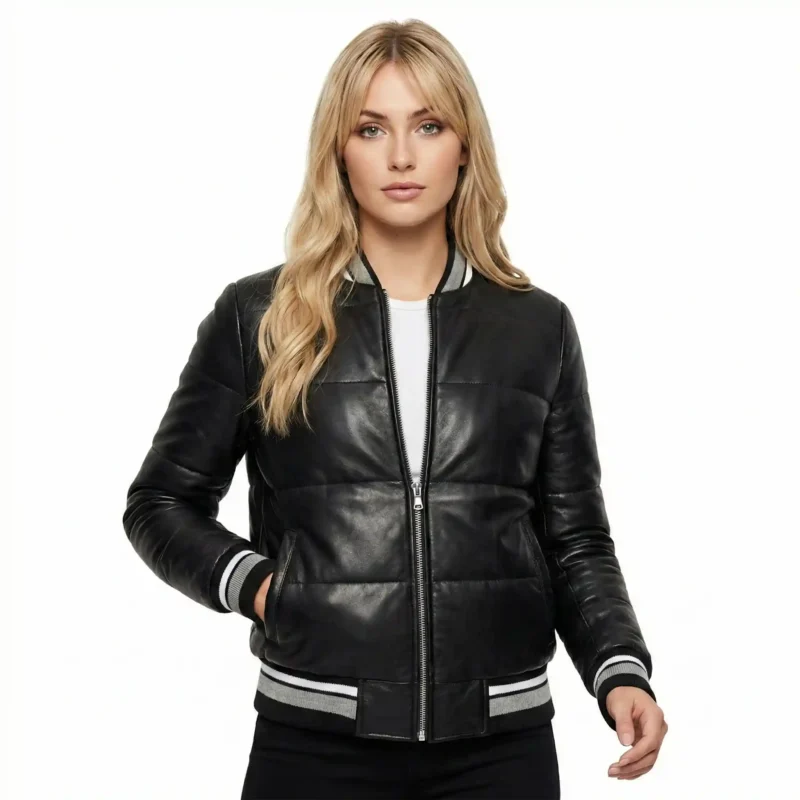 Woman wearing black leather bomber jacket with grey striped ribbed trim front view of Valencia Supreme Leather Bomber