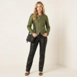 Women's olive green leather jacket with diamond quilted front panels, band collar, front zipper closure, and waist zipper pockets - front view of Vanguard Elite Moto Jacket