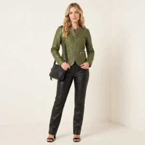 Women's olive green leather jacket with diamond quilted front panels, band collar, front zipper closure, and waist zipper pockets - front view of Vanguard Elite Moto Jacket