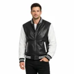 Men's black and white varsity jacket with black leather body, white sleeves, striped ribbed collar and cuffs, snap button closure - front view