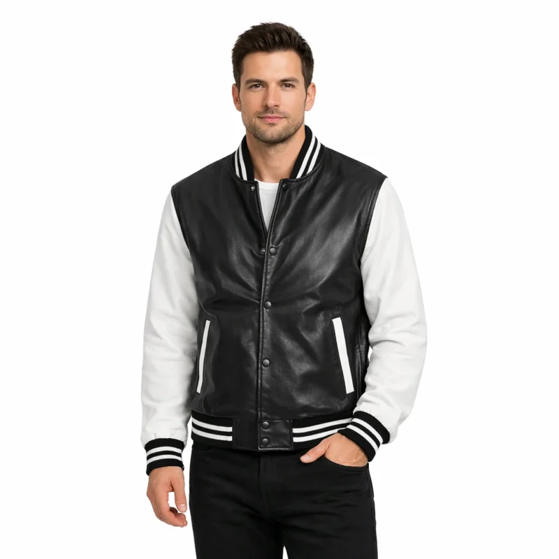 Men's black and white varsity jacket with black leather body, white sleeves, striped ribbed collar and cuffs, snap button closure - front view