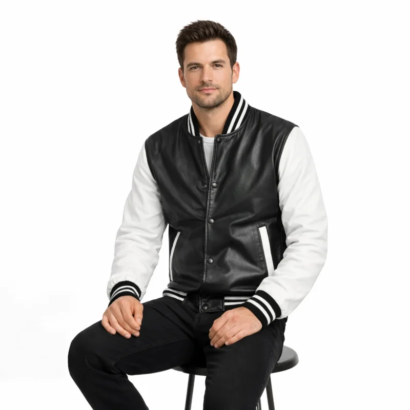 Man wearing black and white varsity jacket while seated, demonstrating comfortable fit and classic letterman styling