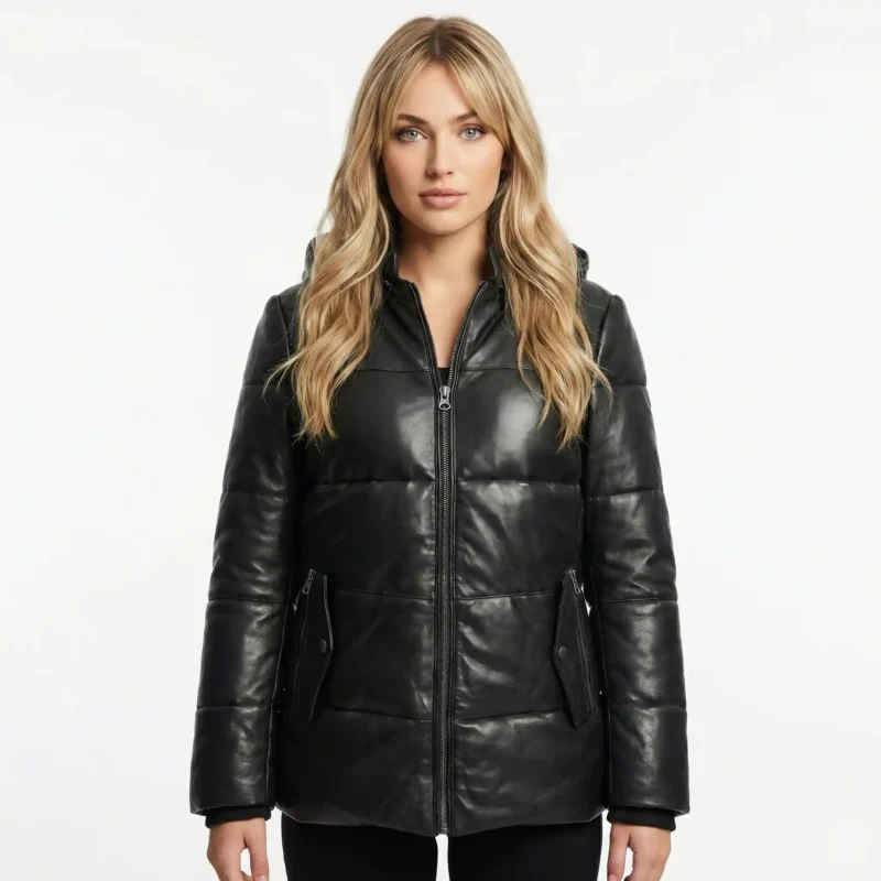 Velora Arctic Elite Black Leather Puffer Jacket - Women's Quilted Winter Coat Front View Woman wearing black quilted leather puffer jacket with front zipper closure and side pockets, front facing view of Velora Arctic Elite Black Leather Puffer