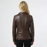Side view of women’s brown leather blazer displaying tailored fit and sleek profile - Velouria Prestige Leather Blazer