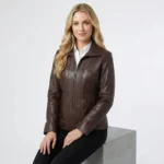 Front view of women’s brown leather blazer with zip closure and tailored fit - Velouria Prestige Leather Blazer
