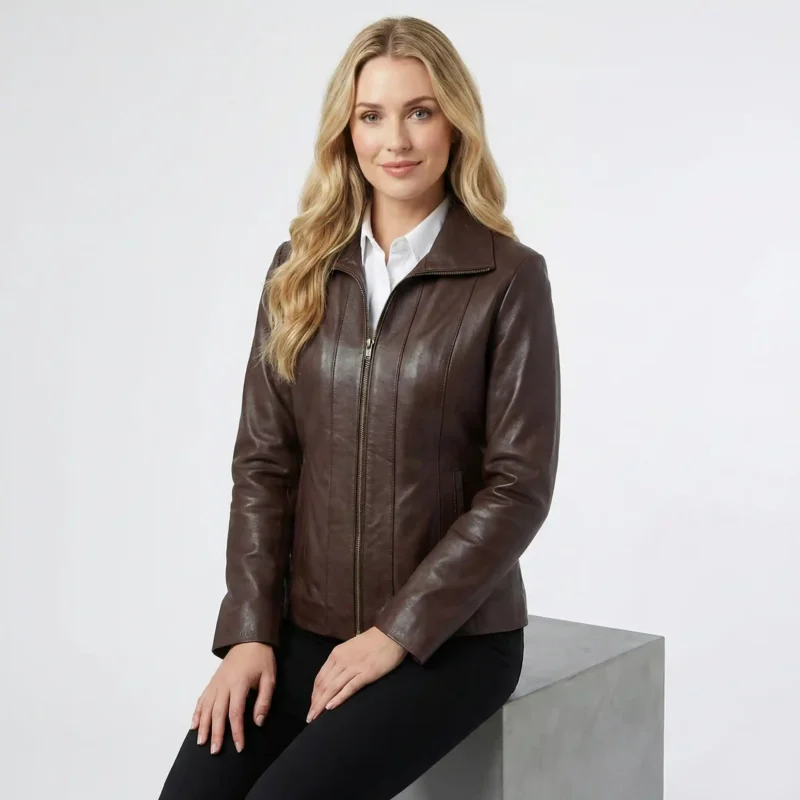 Velouria Prestige Brown Leather Blazer – Front View Front view of women’s brown leather blazer with zip closure and tailored fit - Velouria Prestige Leather Blazer