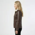 Velouria Prestige Leather Blazer - Side view of women’s brown leather blazer displaying tailored fit and sleek profile