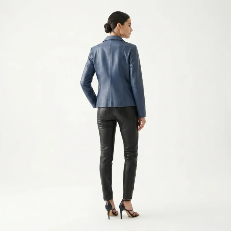 Back view of slate blue leather moto jacket showing center back seam tailored shoulders and hip length hem