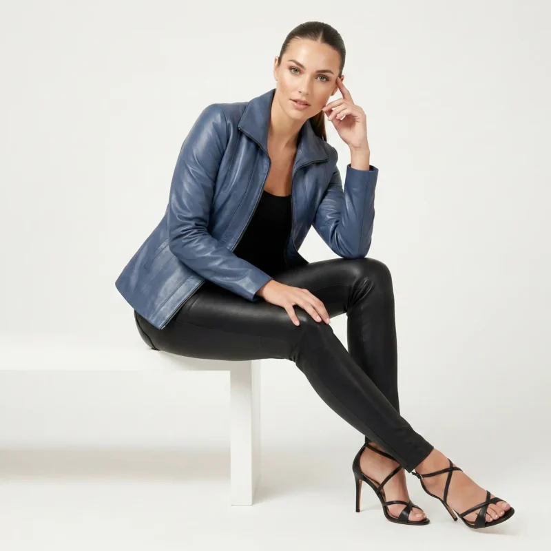 Woman wearing slate blue leather moto jacket with asymmetric zipper and notch lapels sitting on white stool