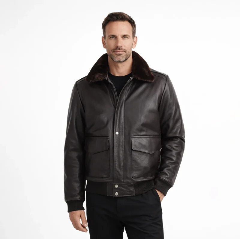 Front view of men's black leather aviator jacket with brown fur collar, snap button closure, dual flap chest pockets, shoulder epaulets, ribbed cuffs and hem