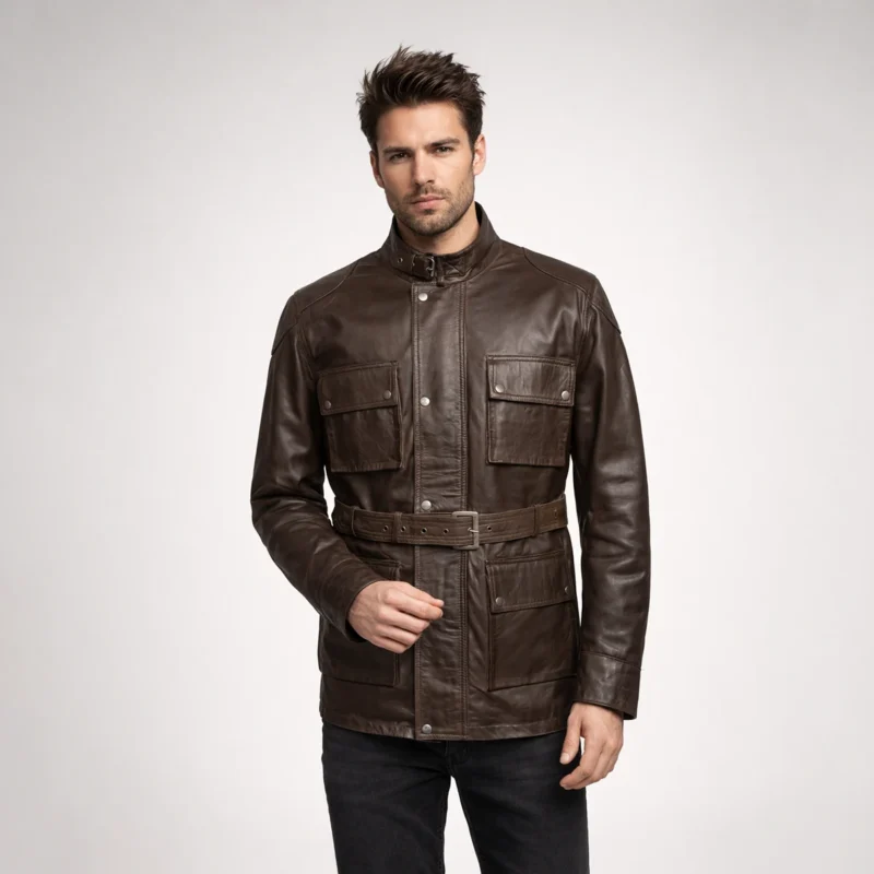 Brown Leather Field Jacket Front View - Men's Belted Military Style Jacket Man wearing dark brown leather field jacket with stand collar, silver snap button closure, dual chest flap pockets, waist belt, lower patch pockets, and black jeans on light gray background