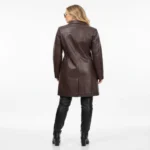 Back view of Autumn Crown Elegant Suede Leather Coat showing structured tailored design in brown.