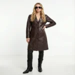 Front view of Autumn Crown Elegant Suede Leather Coat in brown with button closure and tailored fit.