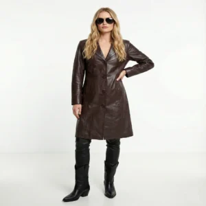 Front view of Autumn Crown Elegant Suede Leather Coat in brown with button closure and tailored fit.