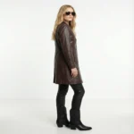 Side profile of Autumn Crown Elegant Suede Leather Coat highlighting slim fit and longline design.