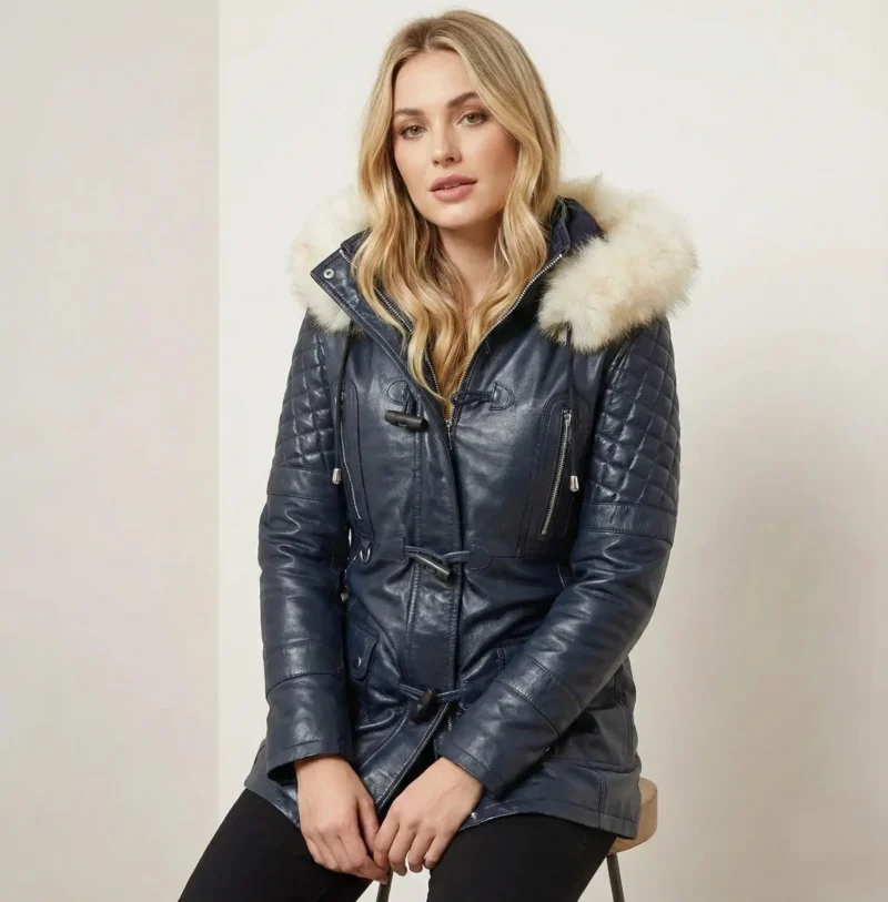 Woman wearing navy leather parka with fur trimmed hood, quilted sleeves and toggle closure, front view