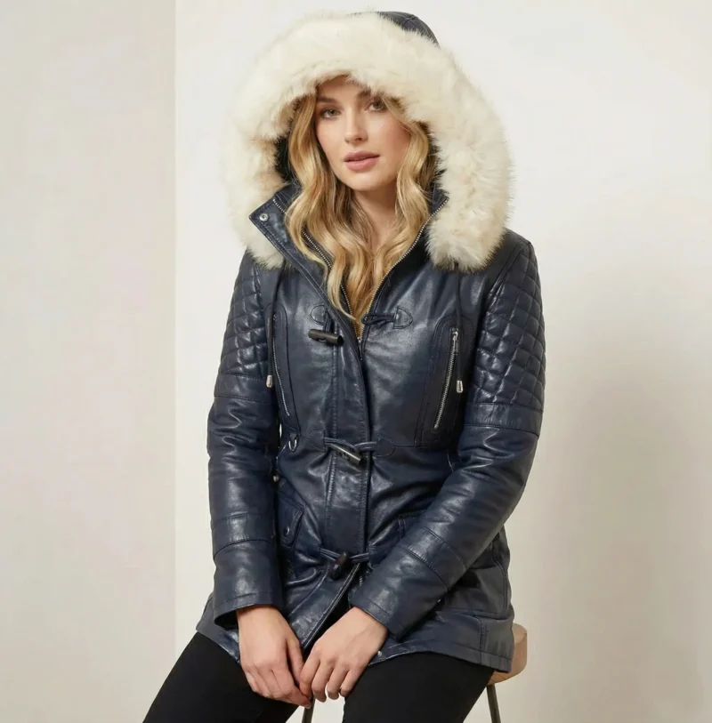 Side view of navy leather parka with fur hood and tailored waist silhouette