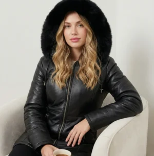 Woman wearing black leather winter coat with fur hood and front zipper closure, front view
