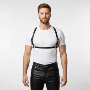 Men’s leather chest harness, handcrafted leather harness, premium leather body harness, adjustable leather harness for men, designer leather harness