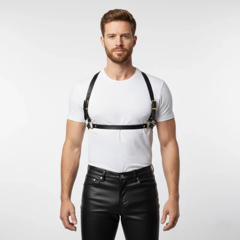 Luxury Handcrafted Black Leather Harness front Men’s leather chest harness, handcrafted leather harness, premium leather body harness, adjustable leather harness for men, designer leather harness