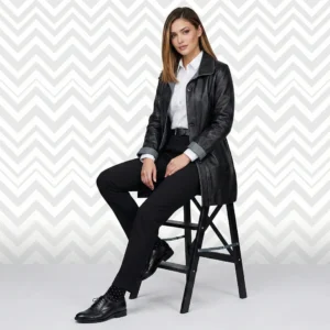 Front view of women’s black tailored leather blazer coat with button closure and structured lapel