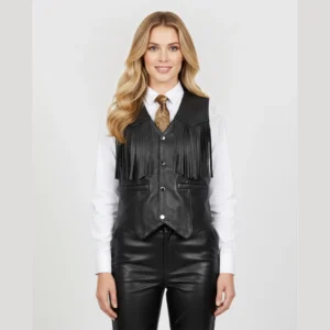 Front view of women’s black leather fringe vest with western tassels, tailored fit, button closure, styled over white shirt and tie.
