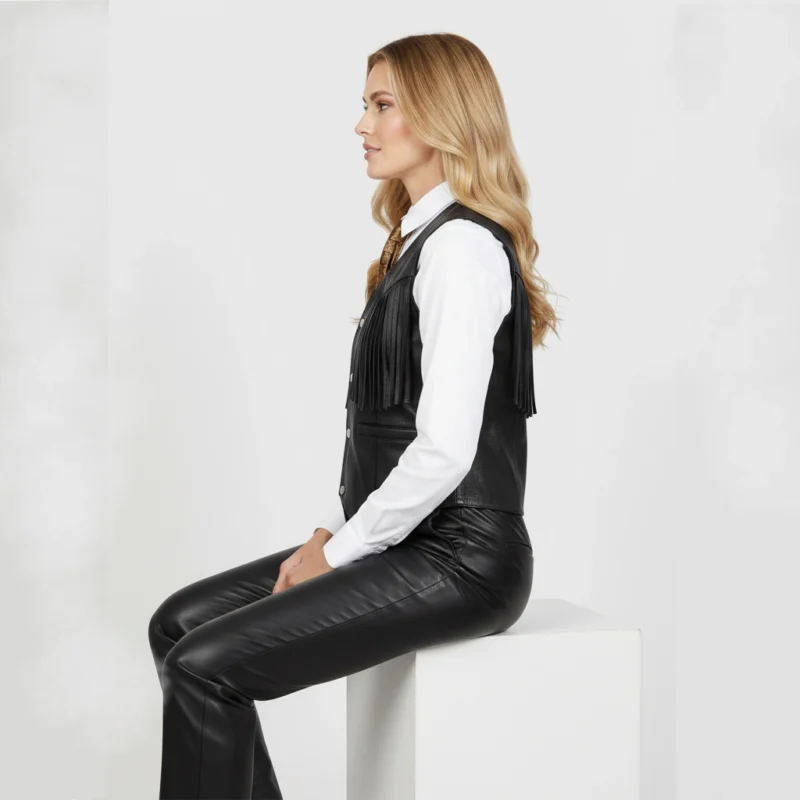 Side view of women’s black leather fringe vest showing fitted cut, fringe detail, and premium leather texture.