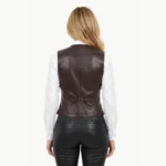 Back view of premium chocolate brown sleeveless leather waistcoat showing smooth leather paneling and structured feminine silhouette.
