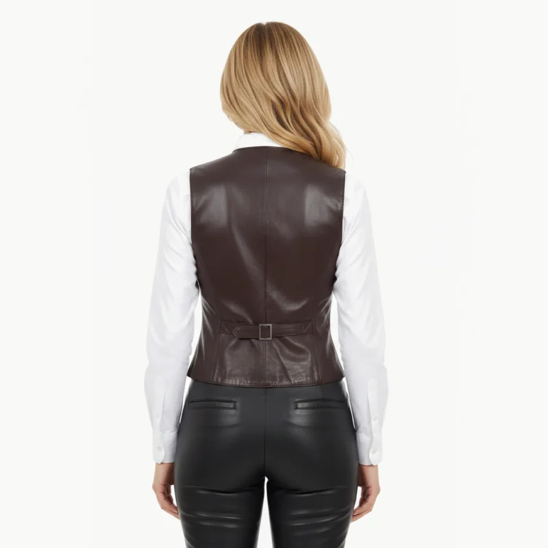 Back view of premium chocolate brown sleeveless leather waistcoat showing smooth leather paneling and structured feminine silhouette.