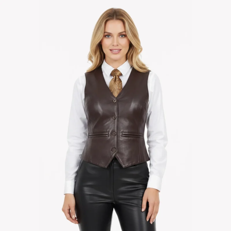 Premium Chocolate Brown Sleeveless Leather Waistcoat Front Front view of premium chocolate brown sleeveless leather waistcoat for women with tailored fit, button closure, and smooth genuine leather finish.