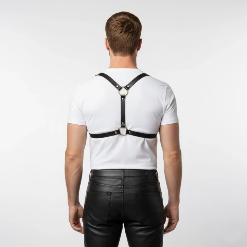 Back view of black leather chest harness with X-back strap design and adjustable center buckle