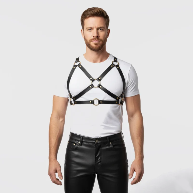 Front view of adjustable black leather chest harness with brass hardware and shoulder straps