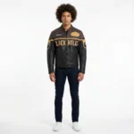 Front view of Black Hills Sturgis genuine leather biker jacket with Rushmore patch, two-tone brown and black leather, tan chest lettering and brass zipper