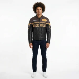 Front view of Black Hills Sturgis genuine leather biker jacket with Rushmore patch, two-tone brown and black leather, tan chest lettering and brass zipper