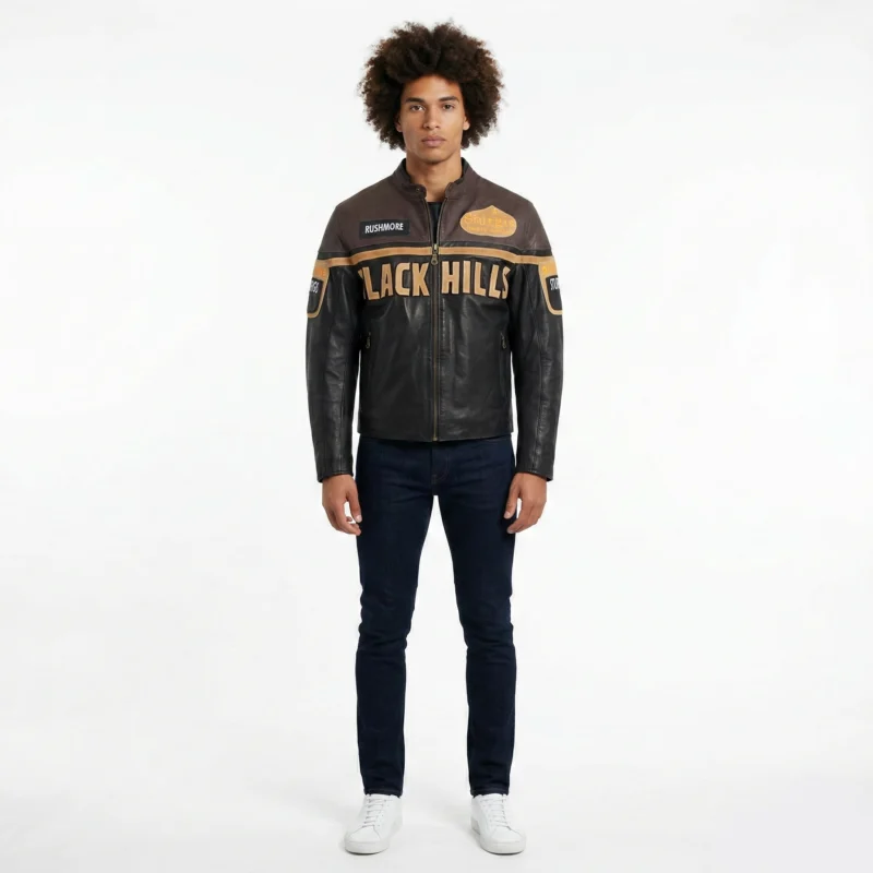 Black Hills Sturgis Leather Biker Jacket Front View — Men's Moto Fashion Front view of Black Hills Sturgis genuine leather biker jacket with Rushmore patch, two-tone brown and black leather, tan chest lettering and brass zipper